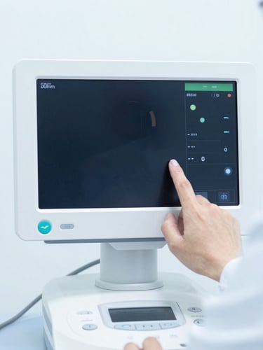 Straight-on close-up of a biomedical engineer calibrating a digital patient monitor screen, clean clinical photography, bright high-key studio lighting, sterile white and cool blue tones, sharp focus, 50mm