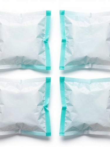 Symmetrical clinical shot of organized dental sterilization packs and clinical consumables, bright high-key white studio lighting, sterile teal tones, sharp focus, 50mm.
