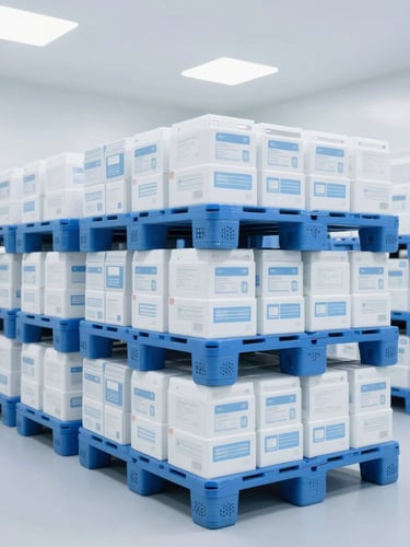 A pristine clinical warehouse aisle with neatly stacked pallets of sterile medical supplies and boxes under high-key bright cool white lighting, 50mm.