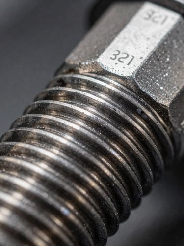 Extreme macro shot of CNC-machined steel threads with precise pitch, cool metallic lighting, high-contrast studio setup, visible serial numbers.