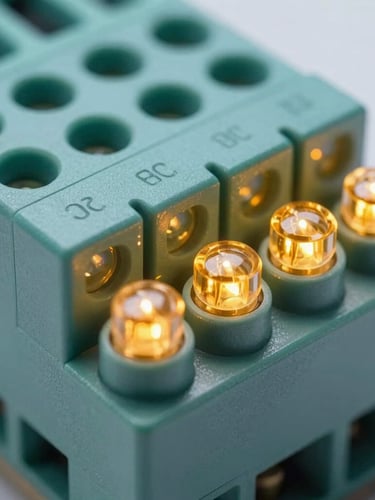 Extreme close-up of a high-density PLC terminal block, cool high-contrast studio lighting, visible serial numbers on the casing, industrial amber status LEDs illuminated, clean technical composition