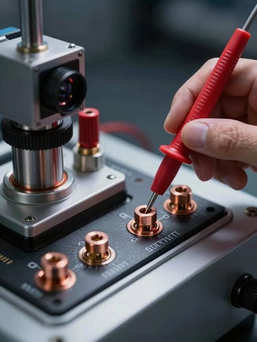 A close-up of a high-precision electrical testing rig with a digital multimeter probe touching a copper terminal, cool high-contrast studio lighting, serial numbers visible