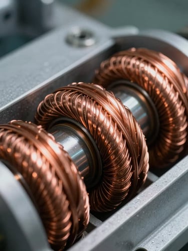 Extreme close-up of copper windings inside a high-power industrial transformer, sharp technical detail, cool high-contrast studio lighting, shallow depth of field.