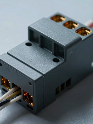 Macro studio shot of high-spec PLC terminals with clean wiring under cool contrast lighting, industrial amber details visible.