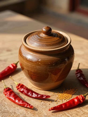 Overhead macro shot of a traditional ceramic martaban jar resting on a sun-drenched terrace, warm direct golden-hour sunlight casting sharp natural shadows of whole red chilies and mustard seeds.