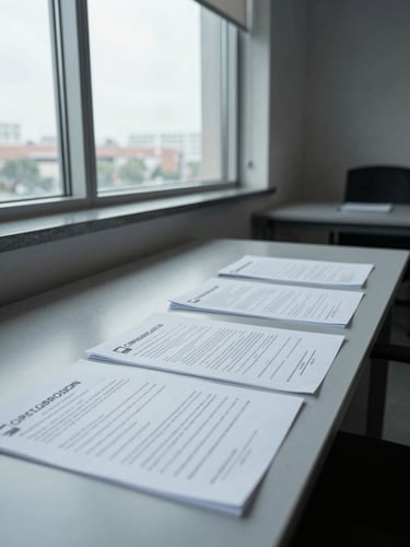 Wide-angle view of a quiet corporate office desk from the left side, compliance documents and printed spreadsheets spread across a matte surface, cool daylight from a tall window at the far edge, no people visible, institutional stillness
