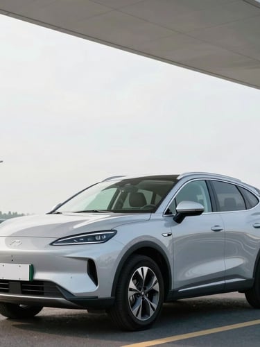 Low-angle three-quarter portrait of a clean silver SUV parked in a bright, modern airport terminal drop-off lane under a soft overcast morning sky.