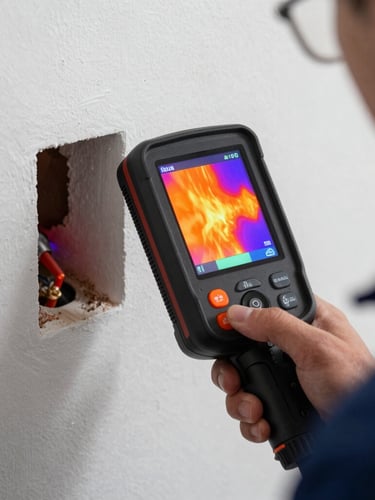 Close-up of a professional thermal imaging camera screen displaying a bright orange and purple heat signature of a hidden water pipe leak inside a clean wall, held by a technician in a dark blue uniform.