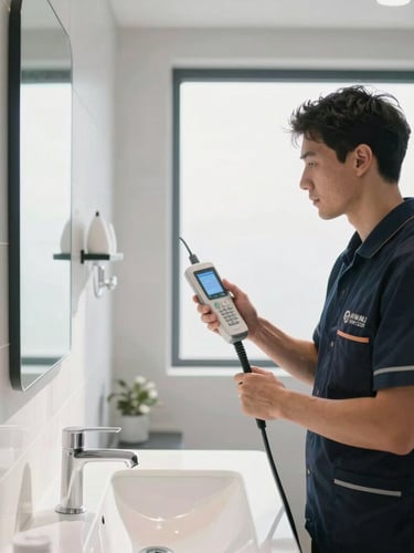 Wide clean shot of an immaculate modern bathroom, bright daylight, a professional technician in a branded uniform holding a clean diagnostic device, looking at a wall
