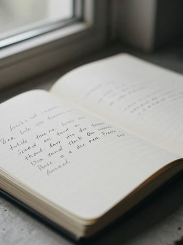 Macro close-up of handwritten notes in a black ink notebook, open on a concrete desk, moody natural light, deep shadows, desaturated tones.