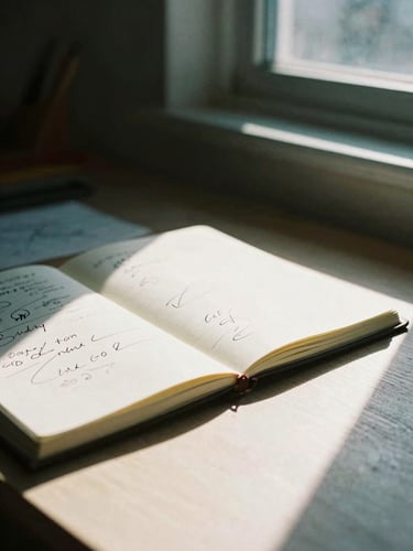 Candid close-up of a raw workspace, physical notebooks with handwritten sketches, natural window light, deep shadows, 35mm film