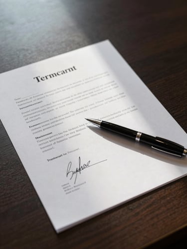 Overhead close-up of a signed term sheet on a dark conference table, a pen resting across the signature line, cool office lighting casting sharp shadows across the document edges