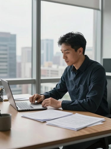 Environmental wide shot of a founder at their desk in a high-floor office, natural window light from the left, papers and a laptop open to a spreadsheet, hands resting on documents mid-review, city skyline blurred in background, medium shot, no direct eye contact with camera
