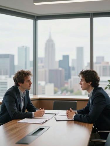 Wide environmental shot of two founders seated across a conference table mid-conversation, documents spread between them, natural window light from the left, city skyline blurred in background, medium shot with no glamour angles