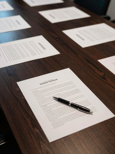 Overhead shot of a conference table, close-up of signed term sheets fanned across dark wood surface, a pen resting on one page, cool office lighting from above, no people visible