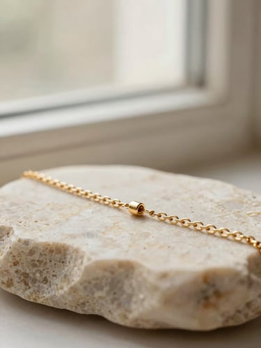Macro photograph of a delicate 18K gold chain draped over a smooth travertine stone, soft morning window light, warm cream tones.