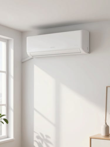 Bright minimalist French apartment living room, sleek white modern air conditioning unit on the wall, soft natural daylight, crisp details, 35mm