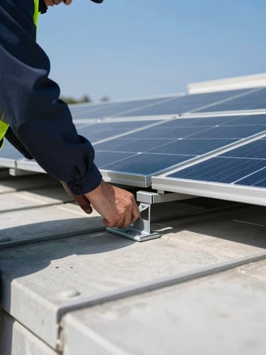 Close-up of a solar engineer in a safety vest adjusting a monocrystalline solar panel bracket on a structured rooftop grid under bright sunlight.