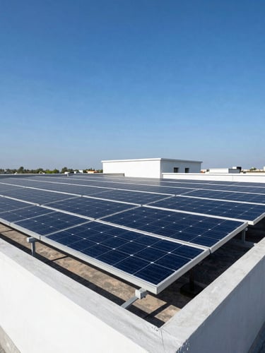 Crisp architectural photography of a commercial solar array on a Lucknow rooftop under brilliant, direct midday sunlight, deep blue sky.
