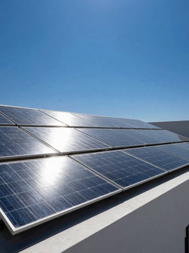 Crisp architectural photography of a modern building rooftop in Lucknow with sleek monocrystalline solar panels reflecting bright, direct midday sunlight under a deep blue sky.
