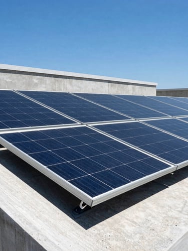 A close-up architectural photograph of high-quality monocrystalline solar panels installed on a modern flat concrete roof, sharp angles, bright high-contrast sunlight