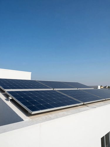 Crisp architectural photography of a modern Lucknow rooftop with clean monocrystalline solar panels catching bright, direct sunlight under a deep blue sky.