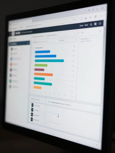 Close-up of a modern web design dashboard on a physical monitor, showing conversion funnels and analytics, moody directional light, screen glow highlights, cool desaturated tones, sharp 35mm lens, high contrast