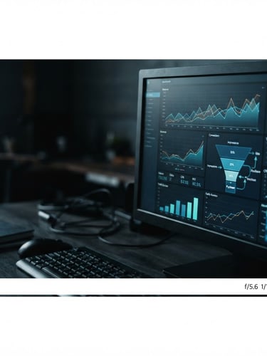 Close-up of a digital marketing dashboard on a physical monitor, displaying revenue graphs and conversion funnels, moody directional light with screen-glow highlights, cool desaturated tones, sharp 35mm lens, high contrast, right third of a panoramic 21:9 frame.