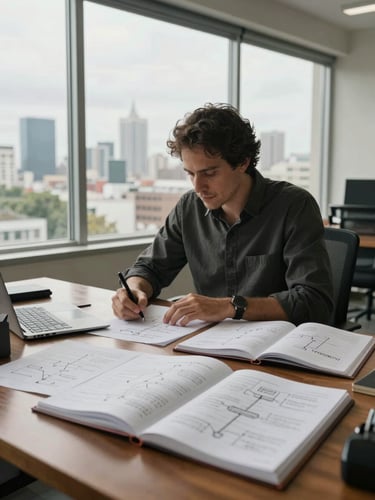 Wide environmental shot, natural window light flooding from the left — Carl seated at a large wooden desk covered with open notebooks and hand-drawn systems diagrams, head slightly bowed in concentration, Santo Domingo skyline softly visible through glass behind him, muted overcast daylight