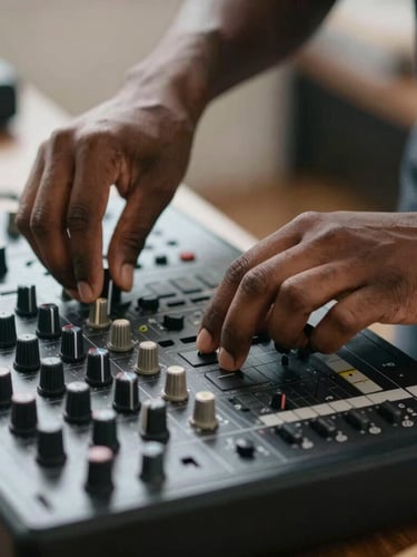 Close-up of professional hands adjusting a high-end mixing console fader under a warm amber ambient glow, portrait aspect.
