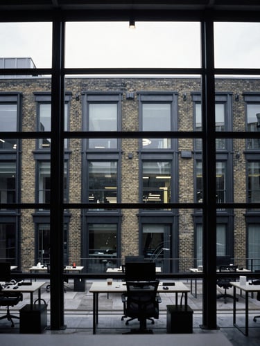 Gritty high-contrast editorial photo of a modern East London brick-and-steel office, overcast daylight through large industrial windows, unposed workspace, 35mm film.