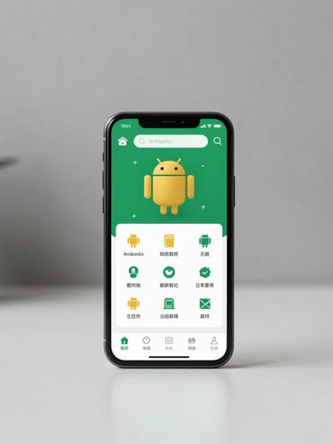 High-fidelity Android phone mockup displaying the green and gold interface of the official government data app, framed symmetrically on a clean minimalist desk, sharp studio lighting