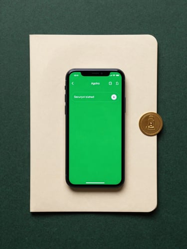 Symmetrical flat-lay of a modern Android smartphone displaying a green secure transaction interface, resting inside an official cream-colored folder with a gold seal on a dark green background.