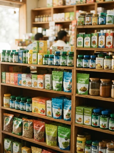 Vibrant RCM product display on clean wooden shelves, herbal health supplements and organic groceries, warm natural morning light, 35mm