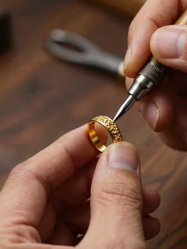 Close-up of a master craftsman hand-engraving intricate filigree on a gold ring, traditional tools, warm side lighting, shallow depth of field