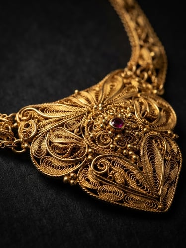 Macro close-up of a solid 22-karat gold necklace showing intricate filigree craftsmanship, dramatic studio lighting with deep shadows and warm gold reflections on a dark background