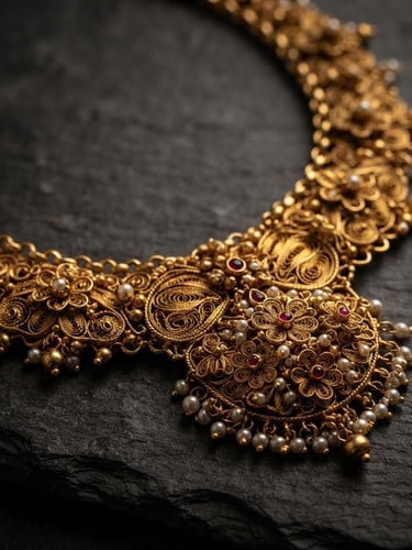 Macro close-up of a heavy 22-karat gold necklace with intricate traditional filigree, resting on a dark slate surface under dramatic studio lighting with warm gold reflections.