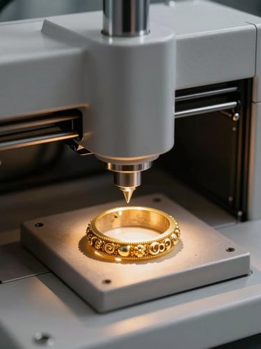 High-tech German 3D wax printer creating highly detailed jewellery molds in a clean modern facility, sharp focus, dramatic studio lighting