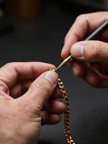A master craftsman hand-polishing a heavy gold necklace, warm gold reflections, dark studio background, shallow depth of field, portrait orientation