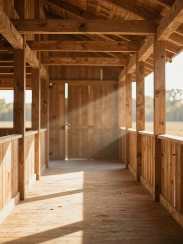 Warm golden-hour sunlight filtering through a clean, modern timber barn aisle, soft dust motes in the air, rich natural earth tones, shallow depth of field, 35mm
