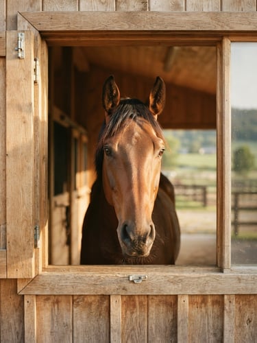 A beautiful warm-toned portrait of a healthy horse looking out of a clean, well-lit modern wooden barn window, soft morning sunlight, shallow depth of field, 35mm