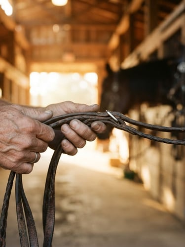 Close-up of leather reins held by weathered hands in a sun-drenched wooden barn aisle, warm morning light, shallow depth of field, 35mm
