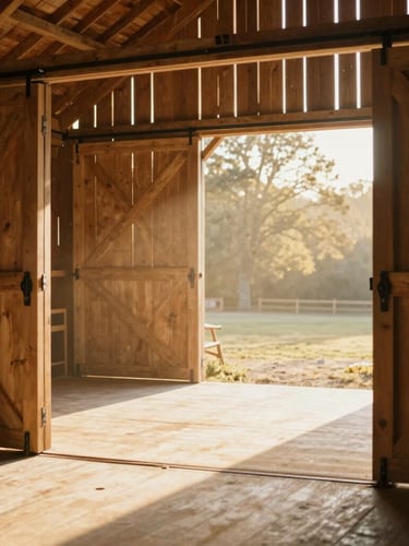 A beautiful warm-toned photo of a clean, modern timber barn aisle with golden morning light filtering through the open doors, dust motes in the air, 35mm