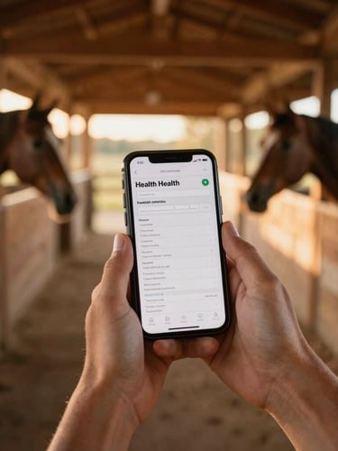 Close-up of hands holding a mobile device showing horse health records inside a warmly lit wooden barn aisle, soft golden-hour sunlight filtering through the background, 35mm photography