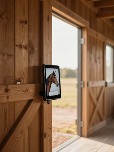 A clean modern barn corridor with soft morning light filtering through the doors, a tablet mounted on a wooden stall post displaying horse profile details