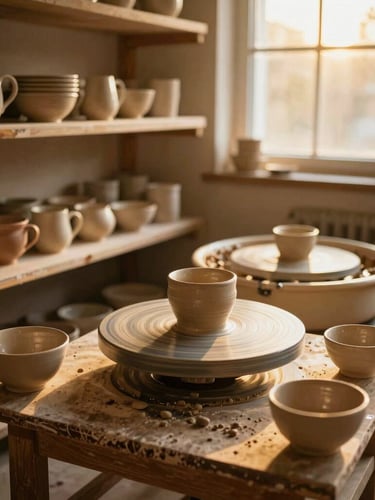 Cozy pottery workshop bathed in warm golden hour light, shelves filled with drying ceramic mugs and bowls, a wooden potter's wheel in the background, rustic textures