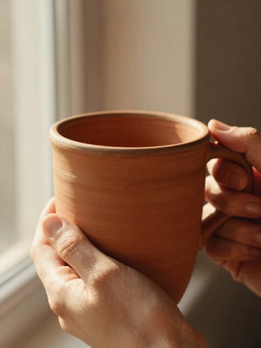 Close-up macro shot of a warm terracotta ceramic mug held by two hands, soft golden-hour window light, rich tactile clay textures, 35mm film