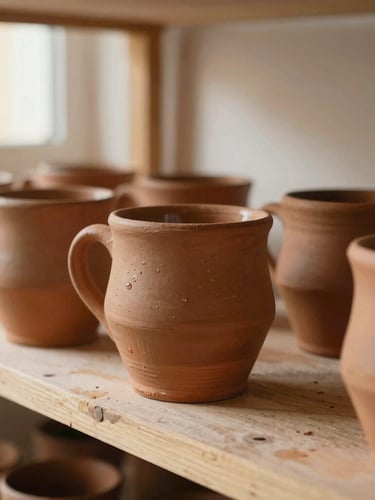 Close-up portrait shot of raw, damp terracotta mugs drying on rustic wooden shelves in a sunlit Madrid workshop, soft warm light, shallow depth of field
