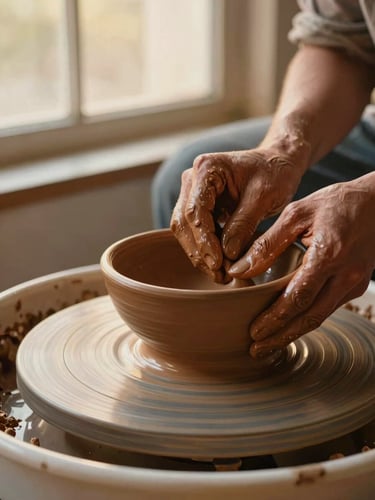 Close-up of potter's hands shaping a warm terracotta clay bowl on a spinning wheel, soft golden-hour window light, rich tactile textures, 35mm film style