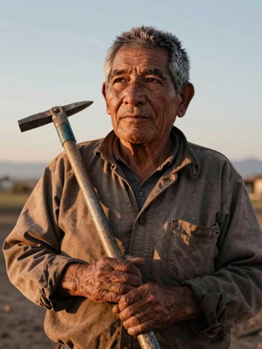 Retrato de un trabajador mexicano de edad avanzada con expresión digna y sabia, manos callosas sosteniendo una herramienta de trabajo tradicional, luz natural cálida de atardecer, tonos terrosos, mirada hacia el horizonte.